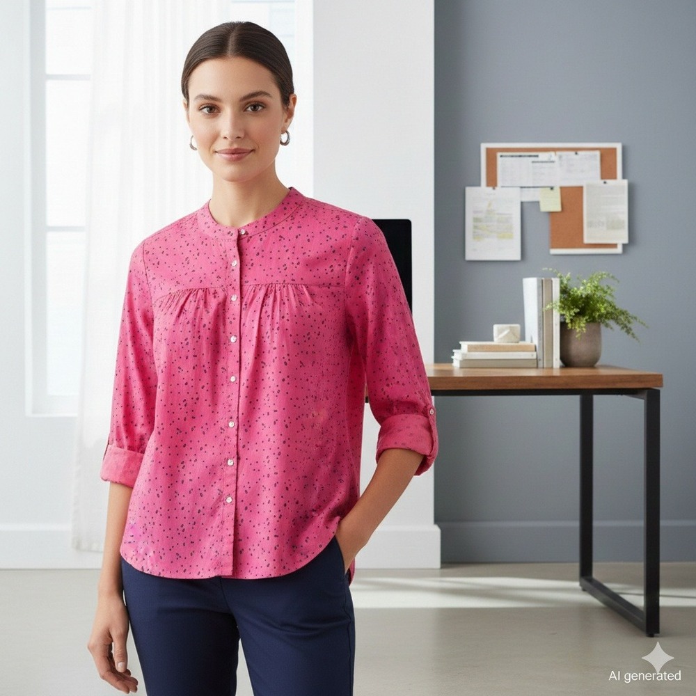 U.S. Polo Assn Womens Button Down‎ Shirt Size L Pink Polka Dot 3/4 Sleeve Cotton